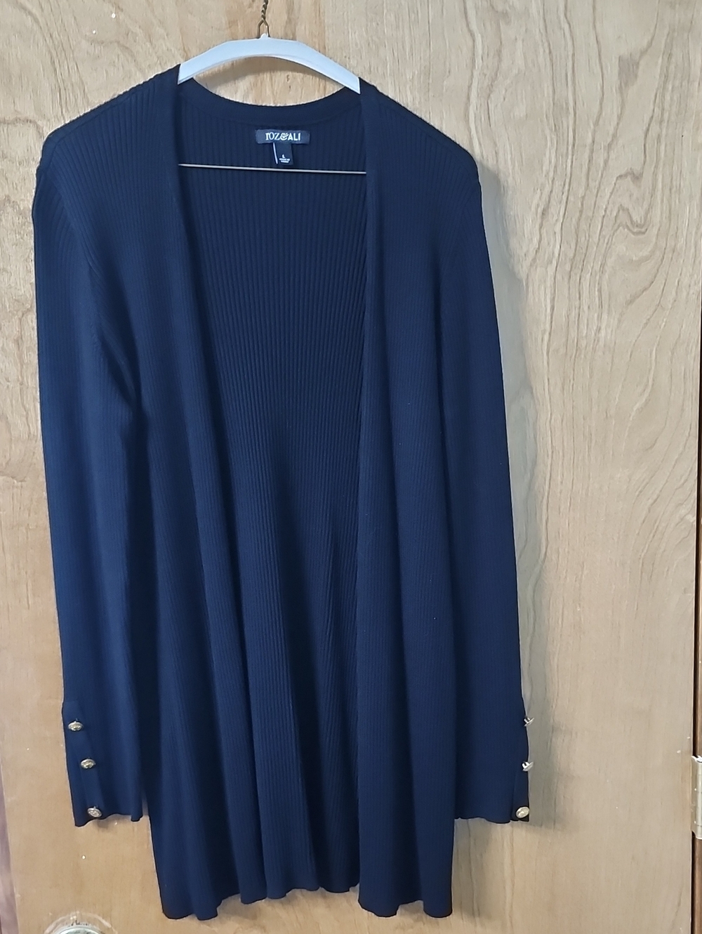 Roz & Ali Navy Ribbed Open-Front Cardigan with Button Cuffs